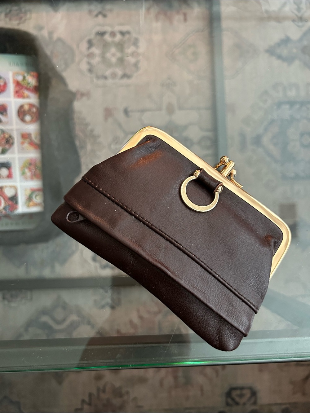NEW Classic Brown Leather Kiss-Lock Coin Purse with Gold Accent